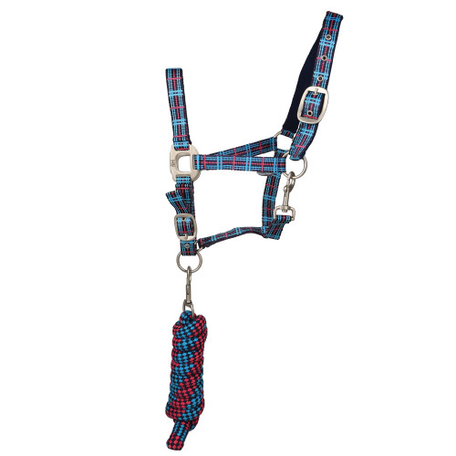 Hy Tartan Head Collar with Lead Rope - Pink/Navy/Kingfisher Blue - Pony