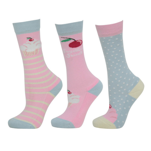 HyFASHION Cupcake Socks (Pack of 3) Blue Tint/Pink Icing - Child 10-3