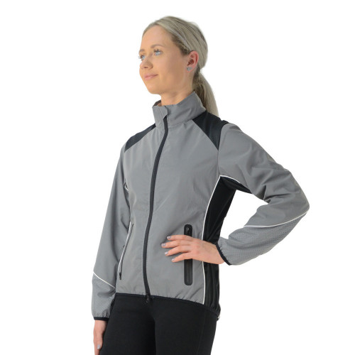 Front/Side View Silva Flash Reflective Jacket by Hy Equestrian - Reflective Silver in X Small