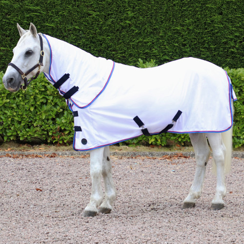 Hy Signature Guard Detachable Fly Rug in White with Navy and Blue binding in 4'9"
