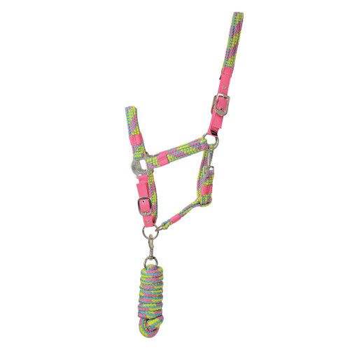 Hy Multicolour Adjustable Head Collar with Rope - Pink/Yellow/Teal - Pony