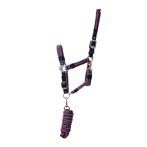 Hy Multicolour Adjustable Head Collar with Rope - Navy/Raspberry/Sea Blue - Pony