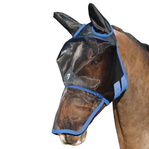 Hy Equestrian Mesh Full Mask with Ears and Nose - Black/Palace Blue - Small Pony
