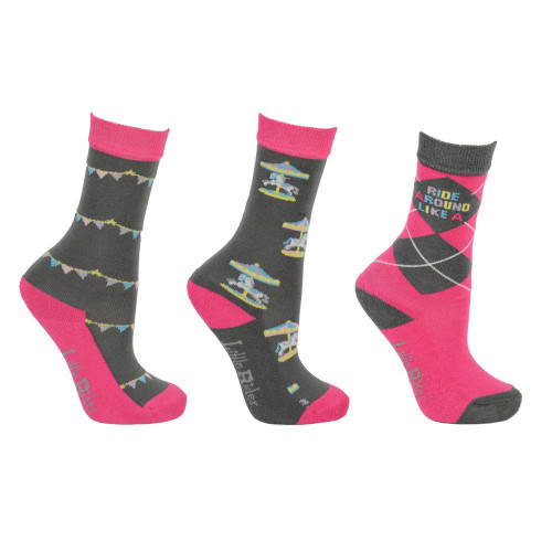 Merry Go Round Socks by Little Rider (Pack of 3) - Grey/Pink - Child 8-12