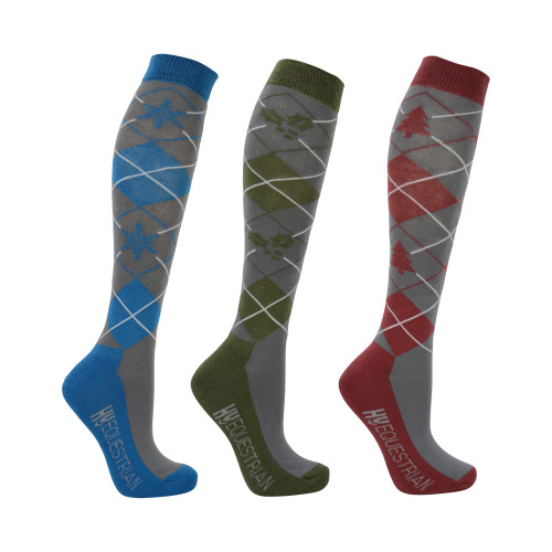 Hy Equestrian Christmas Argyle Socks (Pack of 3) -Multi Coloured-Adult 4-8