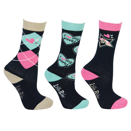 I Love My Pony Collection Socks by Little Rider (Pack of 3) - Navy/Pink/Teal/Cream - Childs 8-12