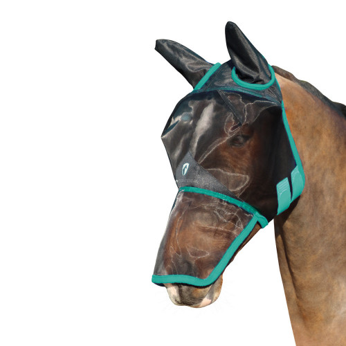 Hy Equestrian Mesh Full Mask with Ears and Nose-Black/Green-Small Pony