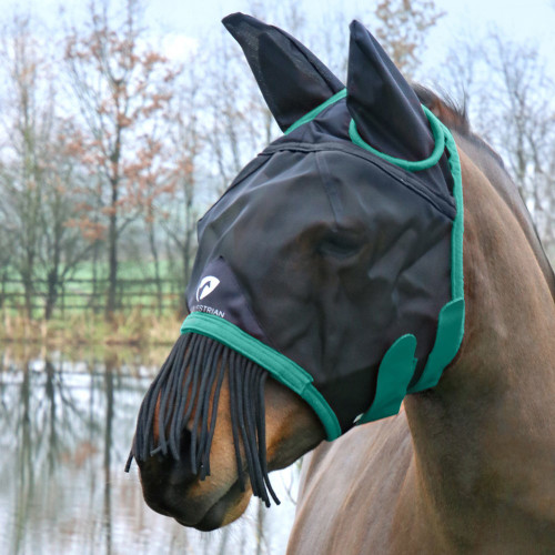 Hy Equestrian Mesh Half Mask with Ears and Fringe - Black/Teal - Small Pony