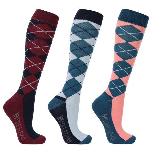 Hy Equestrian Synergy Argyle Socks (Pack of 3) - Grey/Navy/Aegean Blue/Blush/Fig - Adults 4-8