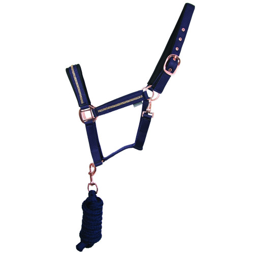 Hy Equestrian Sparkling Head Collar and Lead Rope Set - Navy/Rose Gold - Small Pony
