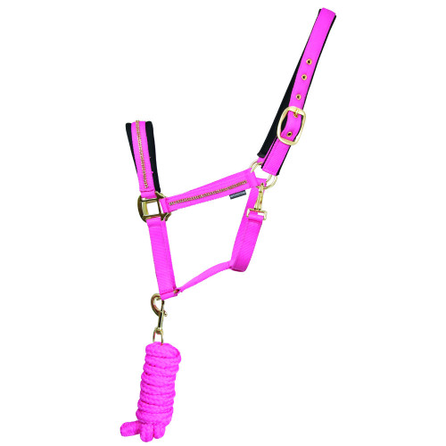 Hy Equestrian Sparkling Head Collar and Lead Rope Set - Pink/Gold - Full