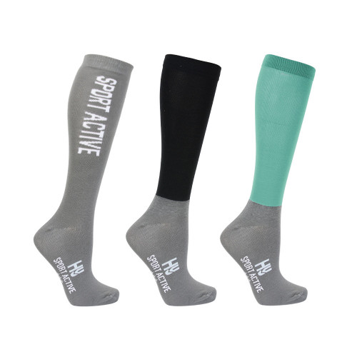 Hy Sport Active Riding Socks (Pack of 3) - Spearmint Green/Pencil Point Grey/Black - Young Rider 12-4
