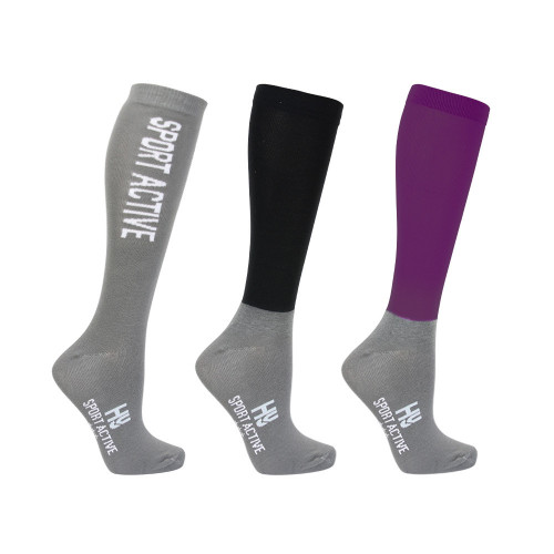 Hy Sport Active Riding Socks (Pack of 3) - Amethyst Purple/Pencil Point Grey/Black - Young Rider 12-4
