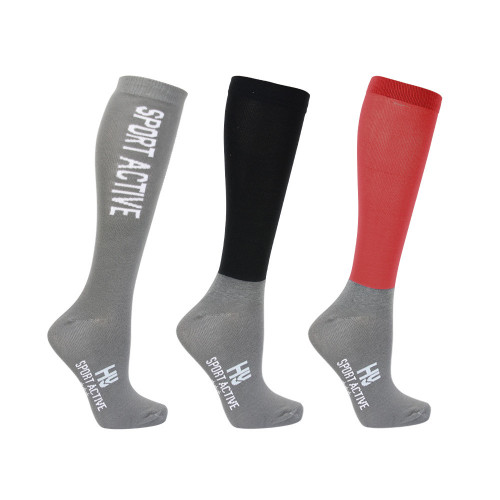 Hy Sport Active Riding Socks (Pack of 3) - Rosette Red/Pencil Point Grey/Black - Young Rider 12-4
