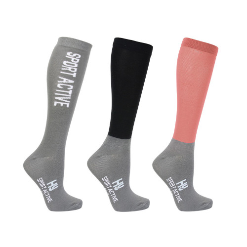 Hy Sport Active Riding Socks (Pack of 3) - Coral Rose/Pencil Point Grey/Black - Young Rider 12-4