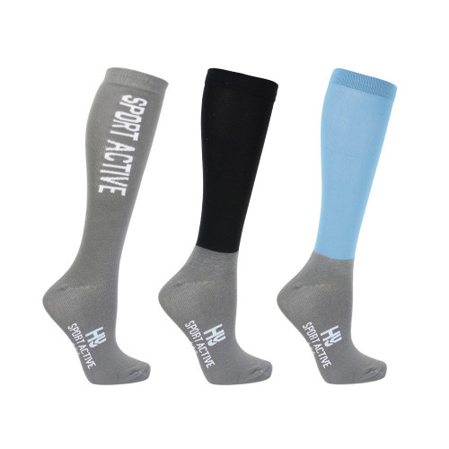 Hy Sport Active Riding Socks (Pack of 3) - Sky Blue/Pencil Point Grey/Black - Adult 4-8