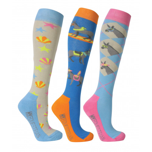 Hy Equestrian Seaside Donkey Socks (Pack of 3) - Sea Blue/Sunset Orange - Adult 4-8