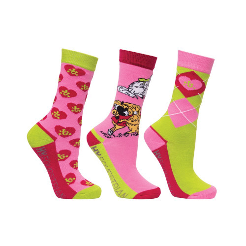 Hy Equestrian Thelwell Collection Hugs Socks (Pack of 3) - Pink/Lime/Hot Pink - Child 8-12