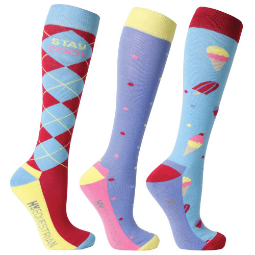 Hy Equestrian Stay Cool Socks (Pack of 3) - Blue/Cerise - Adult 4-8