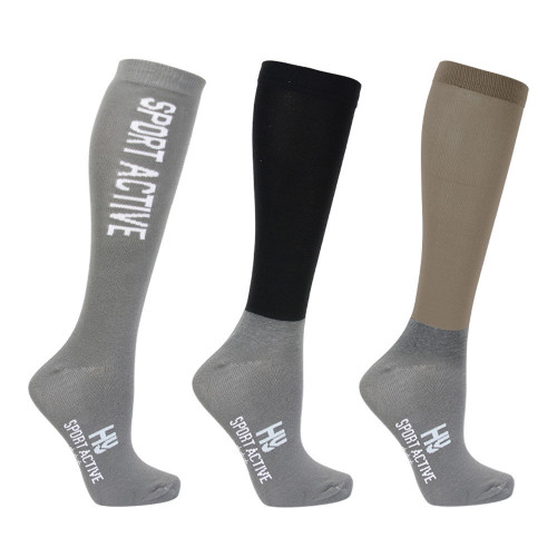 Hy Sport Active Riding Socks (Pack of 3) - Desert Sand/Pencil Point Grey/Black - Young Rider 12-4