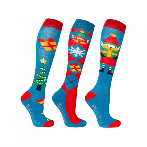 Hy Equestrian Jolly Elves Socks (Pack of 3) - Winter Blue/Festive Red - Adult 4-8