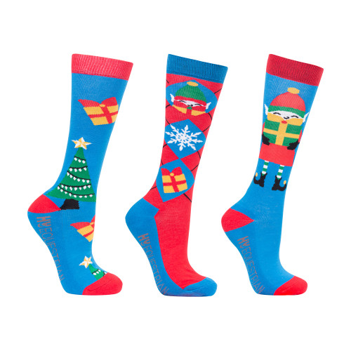Hy Equestrian Jolly Elves Children's Socks (Pack of 3) - Winter Blue/Festive Red - Child 8-12