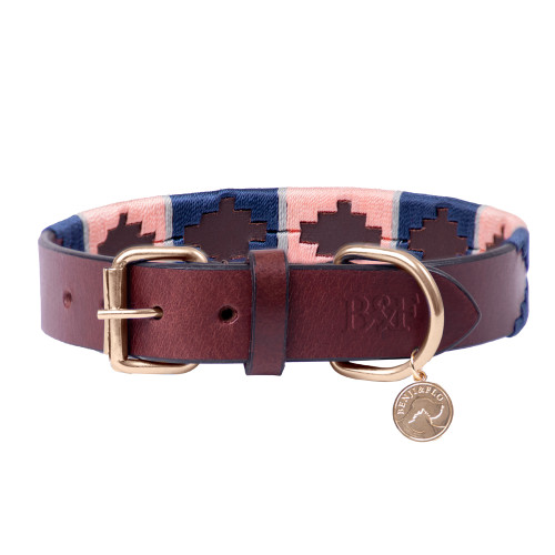 Benji & Flo Sublime Polo Leather Dog Collar - Navy/Rose - Small