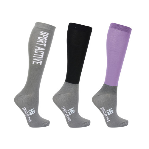 Hy Sport Active Riding Socks (Pack of 3) - Blooming Lilac/Pencil Point Grey/Black - Young Rider 12-4