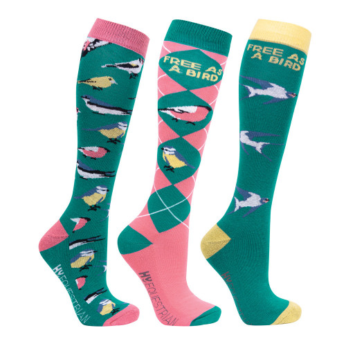 Hy Equestrian Free As A Bird Socks (Pack of 3) - Fern/Pink - Adult 4-8