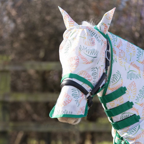 Hy Equestrian Tropical Paradise Fly Mask with Ears and Detachable Nose - Vine Green/White - Small Pony