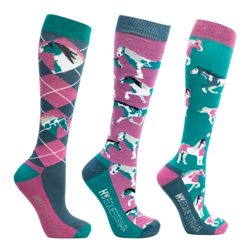 Hy Equestrian Horsing Around Socks (Pack of 3) - Teal/Berry - Adult 4-8
