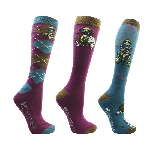 Hy Equestrian Thelwell Collection Pony Friends Socks (Pack of 3) - Imperial Purple/Pacific Blue - Adult 4-8