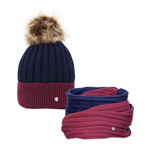 Hy Equestrian Synergy Luxury Bobble Hat and Snood Bundle Deal - Navy/Fig