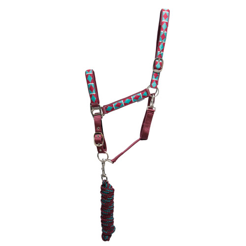 Hy Equestrian Woven Polo Head Collar and Lead Rope - Aqua/Fig - Pony
