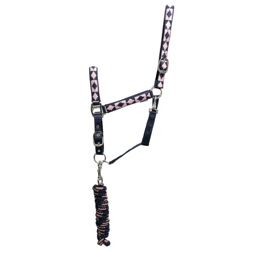 Hy Equestrian Woven Polo Head Collar and Lead Rope - Navy/Rose - Full