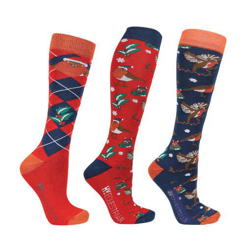 Hy Equestrian Ruby the Robin Christmas Socks (Pack of 3) - Navy/Red/Green - Adult 4-8