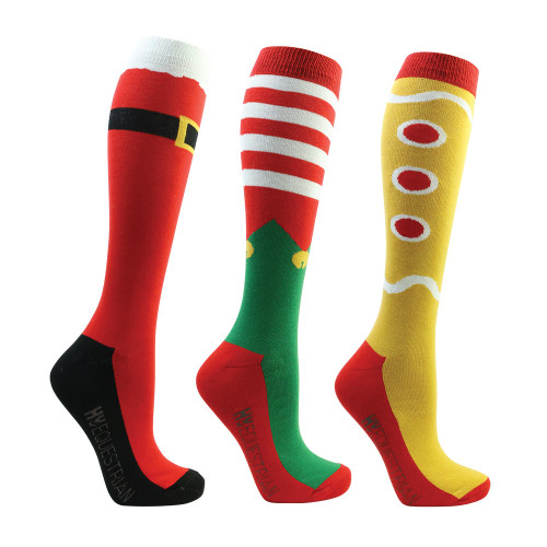 Hy Equestrian Festive Feet Christmas Socks (Pack of 3) - Red/White/Gold - Adult 4-8