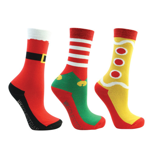 Hy Equestrian Festive Feet Christmas Socks (Pack of 3) - Red/White/Gold - Child 8-12