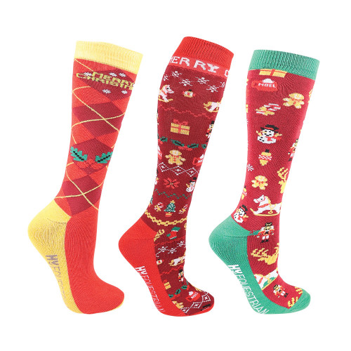 Hy Equestrian Christmas Cross Stitch Socks (Pack of 3) - Red/Green/Gold - Adult 4-8