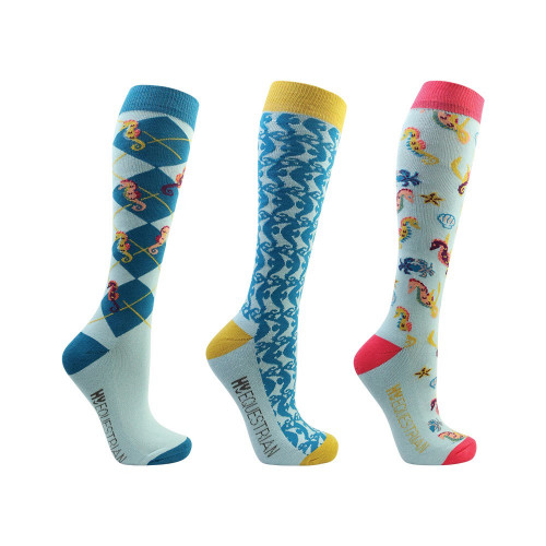 Hy Equestrian Shanti Seahorse Socks (Pack of 3) - Light Blue/Blue - Adult 4-8