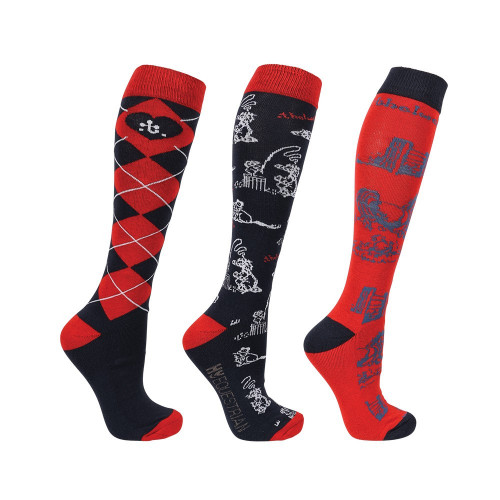Hy Equestrian Thelwell Collection Practice Makes Perfect Socks (Pack of 3) - Red/Navy - Adult 4-8