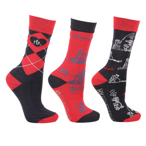 Hy Equestrian Thelwell Collection Practice Makes Perfect Socks (Pack of 3) - Red/Navy - Child 8-12