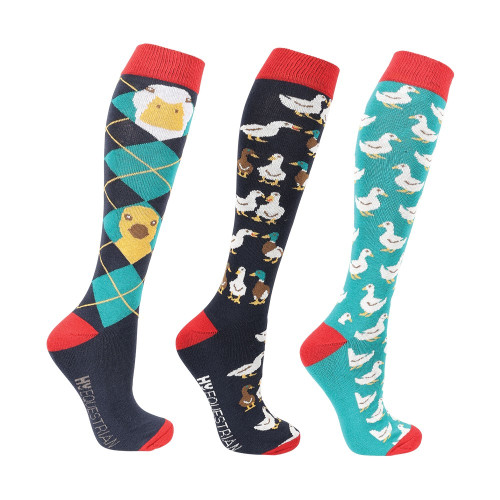 Hy Equestrian Ay Up Duck Socks (Pack of 3) - Navy/Red/Fern - Adults 4-8