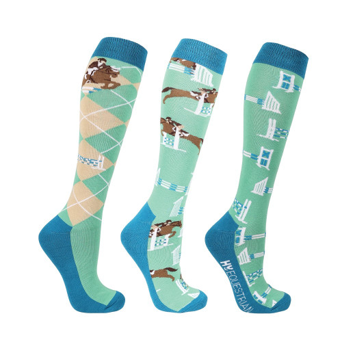 Hy Equestrian Show Jumping Socks (Pack of 3) - Emerald/Blue/Beige - Adults 4-8