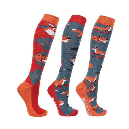 Hy Equestrian Frivolous Fox Socks (Pack of 3) - Blue/Red/Pumpkin - Adults 4-8