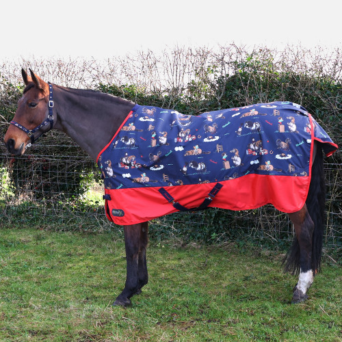 StormX Original 0 Turnout Rug - Thelwell Collection Practice Makes Perfect - Navy/Red - 3'0"