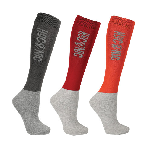 HYCONIC Socks by Hy Equestrian (Pack of 3) - Red - Adult 4-8