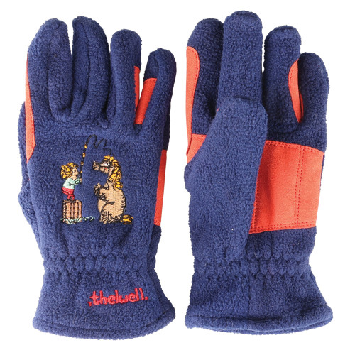 Hy Equestrian Thelwell Collection Practice Makes Perfect Children's Fleece Riding Gloves - Navy/Red - Child Small
