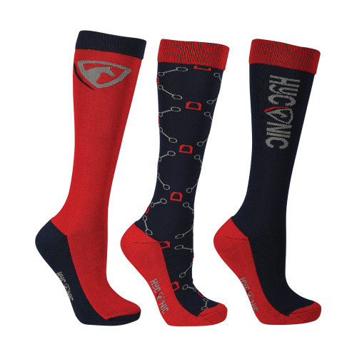 HyCONIC Children's Pattern Socks by Hy Equestrian (Pack of 3) - Navy/Red - Child 8-12