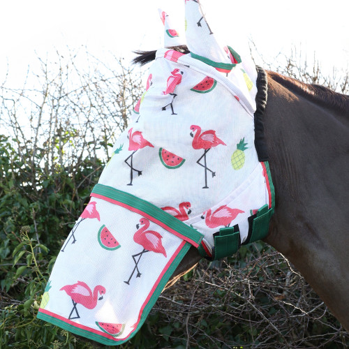 Hy Equestrian Flamingo Fly Mask with Ears and Detachable Nose - Green/White/Pink - Small Pony